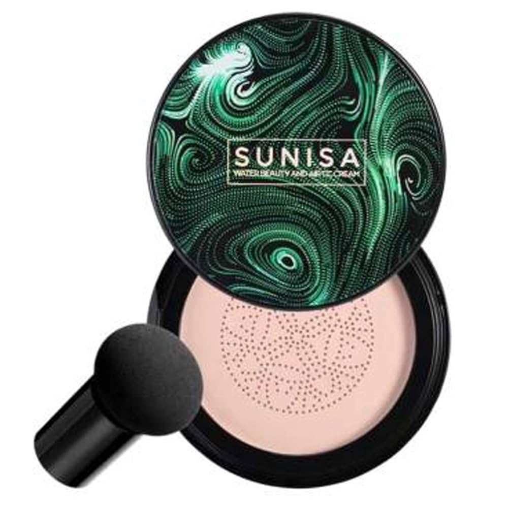 Sunisa 3-in-1 Air Cushion Foundation – Waterproof BB & CC Cream with Mushroom Puff for Glowing Skin