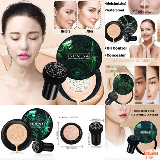 Sunisa 3-in-1 Air Cushion Foundation – Waterproof BB & CC Cream with Mushroom Puff for Glowing Skin