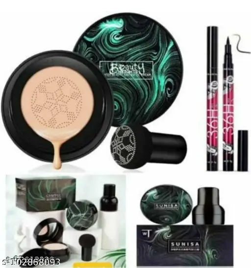 Sunisa 3-in-1 Air Cushion Foundation – Waterproof BB & CC Cream with Mushroom Puff for Glowing Skin